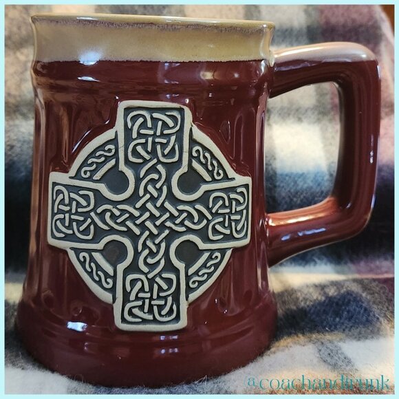 NEW STONEWARE CELTIC CROSS RED AND TAN GLAZE MUG IMPORTED FROM SCOTLAND - Picture 7 of 7